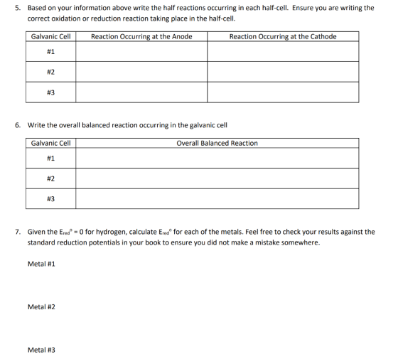 5. Based on your information above write the half reactions occurring in each half-cell. Ensure you are writing the correct o
