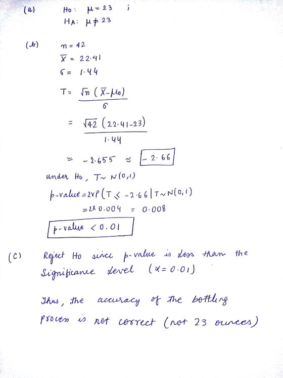 a) 23 X- 22.4 6 42 (22-41-23) 2.655 2. 66 elx 0.004 0.008 value 〈0.01 is des man the (c) Reject Ho suveu p- vnlue * C) Reject to suncL Uns, the accus acy athe be ALng