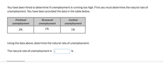 You have been hired to determine if unemployment is running too high. First you must determine the natural rate of unemployment. You have been provided the data in the table below. Frictional unemployment Structural unemployment 196 Cyclical unemployment 2% 196 Using the data above, determine the natural rate of unemployment. The natural rate of unemployment is