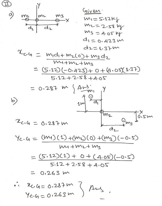 . a dat ^ Given mi [m2 m3 mi=5.12kg M2=2.58 kg 3=4.05 kg di=0.423m d2=1.37m xc.G = midit m2(0)+ Mzd mitmz+3 = (5.12) (-0.423)
