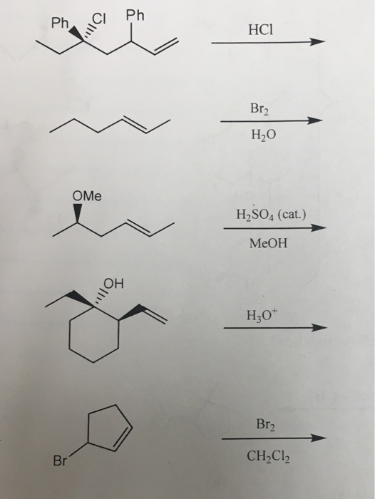 | Ph. C Ph НСІ Br2 H2O ОMe H2SO4 (cat.) MeOH O11 H30+ Br2 CH2Cl2