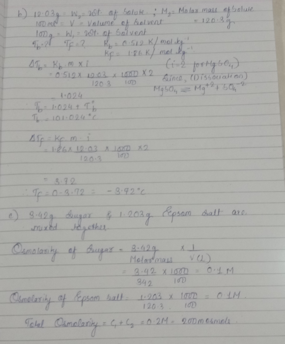 b) 10.03g = W W t of solute; M = Molax mass of Solwe 100 mA = V - Volume of bel vent = 120:30 100g = W = Wt. of Solvent 9-25