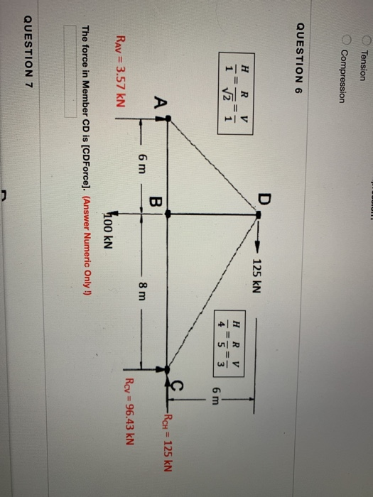Tension Compression QUESTION 6 DR 125 kN HRV 1 T2 1 HRV 4953 AH LRCH = 125 kN B 6 m - 8 m Rcv = 96.43 kN Rav = 3.57 kN 1100 K