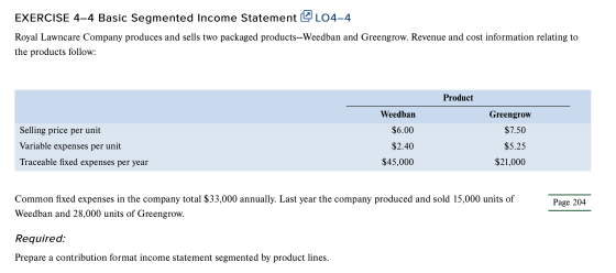 EXERCISE 4-4 Basic Segmented Income Statement QL04-4 Royal Lawncare Company produces and sells two packaged products-Weedban