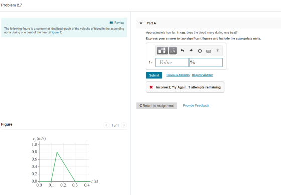 Problem 2.7 Review Part A The following figure is a somewhat idealized graph of the velocity of blood in the ascending aorta during one beat of the heart.(Figure 1) Approximately how far, in cm, does the blood move during one beat? Express your answer to two significant figures and include the appropriate units. Value 0 Submit Previous Answers Request Answer Incorrect; Try Again; 9 attempts remaining < Return to Assignment Provide Feedback Figure 1 of 1 0.8 0,6 0,4 0.2 0.0 0.0 0.1 0.2 0.3 0.4