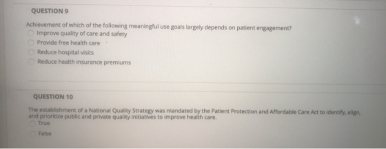QUESTION 9 Achievement of which of the following meaningful use goals largely depends on patient engagement? Improve quality