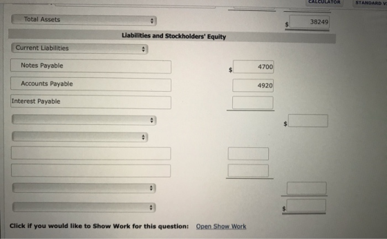 CALCULATOR STANDARD V: Total Assets 38249 Liabilities and Stockholders Equity Current Liabilities Notes Payable 4700 Account