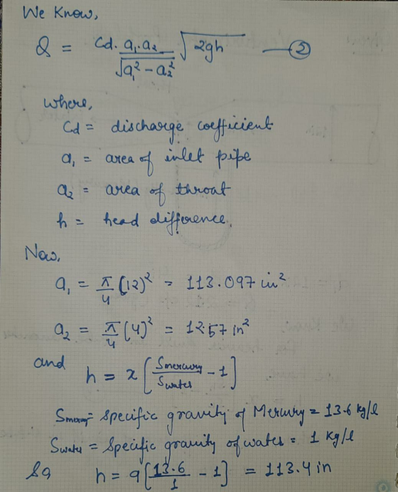 We know, Cd. 9.az inlet pipe agh Ja? - az where, Od = discharege coefficient a, area of throat h = head difference, Now, a, =