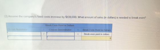 (2) Assume the companys fixed costs increase by $138,000. What amount of sales (in dollars) is needed to break even? Break-E