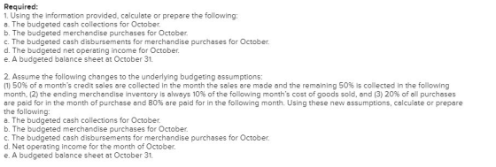 Required: 1. Using the information provided, calculate or prepare the following: a. The budgeted cash collections for October