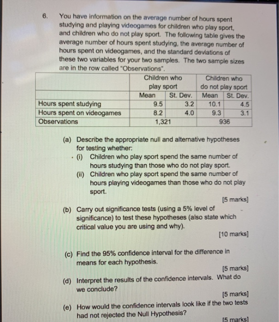 You have information on the average number of hours spent studying and playing videogames for children who play sport, and ch
