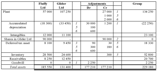 Group Fluffy Ltd 57 000 Glider Ltd 107 250 Plant 134 250 Adjustments Dr Cr 27 000 1 000 2 000 30 000 1 200 100 600 1 5 6 1 (1