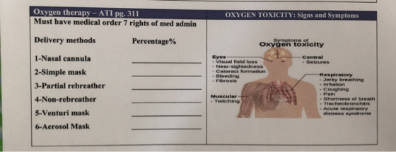 Oxygen therapy - ATI pg. 311 Must have medical order 7 rights of med admin OXYGEN TOXICITY: Signs and Symptoms Delivery metho