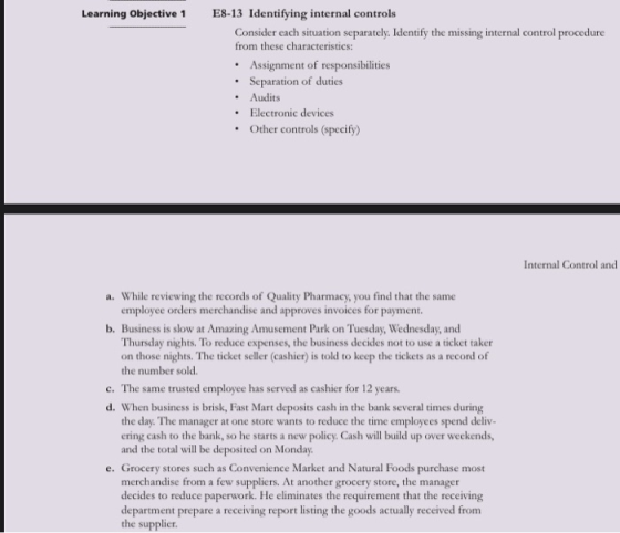 Learning Objective 1 E8-13 Identifying internal controls Consider each situation separately. Identify the missing internal co