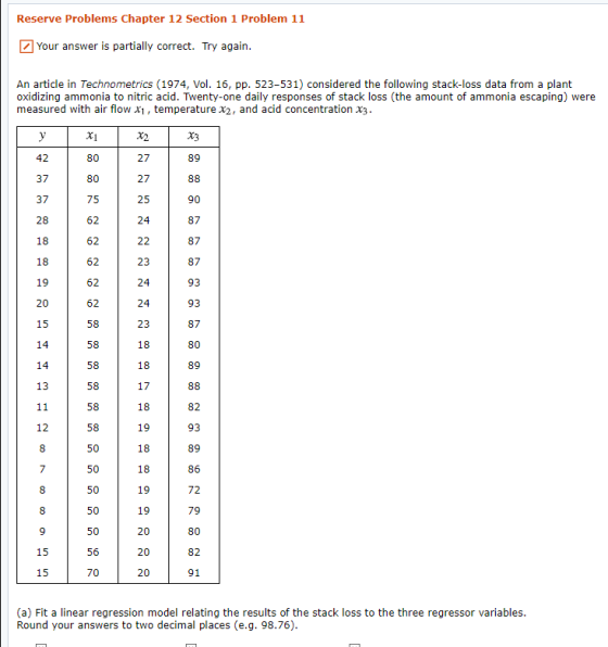 Reserve Problems Chapter 12 Section 1 Problem 11 Your answer is partially correct. Try again. An article in Technometrics (19