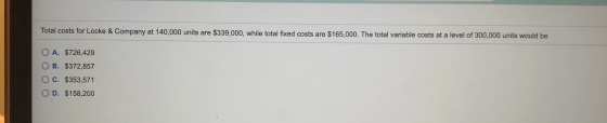 Total costs for Locke & Company at 140,000 units are $339,000, while total fixed costs are $165,000. The total variable costs