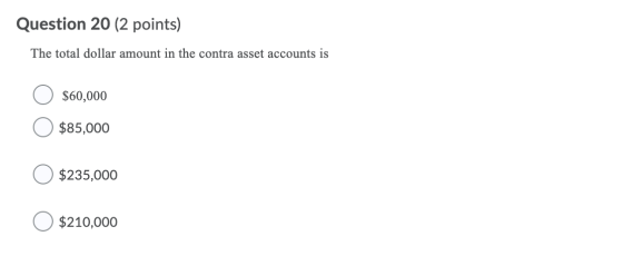 Question 20 (2 points) The total dollar amount in the contra asset accounts is $60,000 $85,000 $235,000 O $210,000