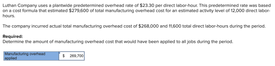 Luthan Company uses a plantwide predetermined overhead rate of $23.30 per direct labor-hour. This predetermined rate was base