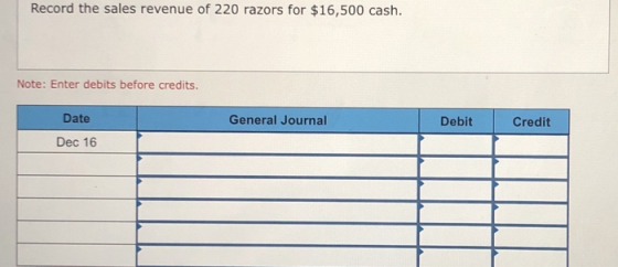 Record the sales revenue of 220 razors for $16,500 cash. Note: Enter debits before credits. Date General Journal Debit Credit