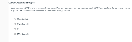 Current Attempt in Progress During January 2017, its first month of operation, Pharoah Company earned net income of $8430 and