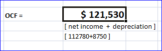 $ 121,530 net income depreciation] [112780+8750] OCF=