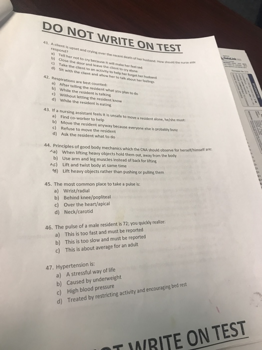 DO NOT WRITE ON TEST 4. A client is set and crying over the recent death -) Tell her not to cry because it will mak e b) Clos