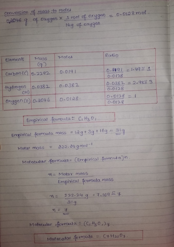 Conversion of mass to moles 0,2046 9 of Oxygen x 1 mot of oxygen = 0.0128 mol. 16g of oxygen Moles Ratio Elements Mass (92 Ca