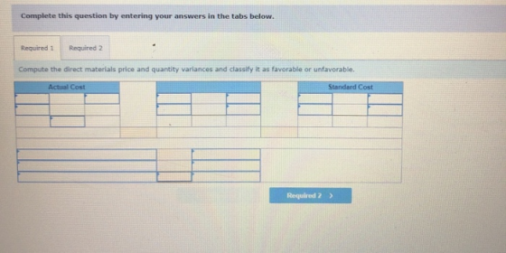 Complete this question by entering your answers in the tabs below. Required 1 Required 2 Compute the direct materials price a
