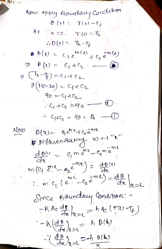 Now athly Boundary condit D(V) = TCM)-TA At x=0, TO0) - to :: 0(0) = T-TA oo (0) = ciemos temo) > P (4) = 2 + C - 6) → (-1)=,