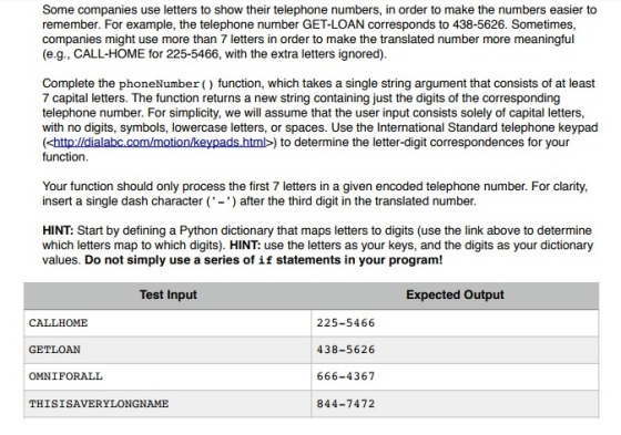 Some companies use letters to show their telephone numbers, in order to make the numbers easier to remember. For example, the telephone number GET-LOAN corresponds to 438-5626. Sometimes, companies might use more than 7 letters in order to make the translated number more meaningful (e.g., CALL-HOME for 225-5466, with the extra letters ignored). Complete the phoneNumber) function, which takes a single string argument that consists of at least 7 capital letters. The function returns a new string containing just the digits of the corresponding telephone number. For simplicity, we will assume that the user input consists solely of capital letters, with no digits, symbols, lowercase letters, or spaces. Use the International Standard telephone keypad (<http:lldialabc.com/motion/keypads.html>) to determine the letter-digit correspondences for your function returns a nl assume nat Uhe the Intemaionroespodencs Your function should only process the first 7 letters in a given encoded telephone number. For clarity, insert a single dash character (- after the third digit in the translated number. HINT: Start by defining a Python dictionary that maps letters to digits (use the link above to determine which letters map to which digits). HINT: use the letters as your keys, and the digits as your dictionary values. Do not simply use a series of if statements in your program! Test Input Expected Output CALLHOME GETLOAN OMNIFORALL THISISAVERYLONGNAME 225-5466 438-5626 666-4367 844-7472