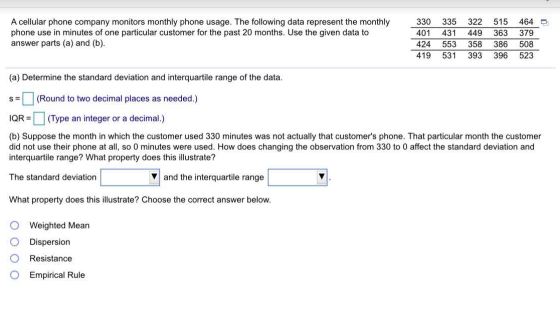 A cellular phone company monitors monthly phone usage. The following data represent the monthly phone use in minutes of one p