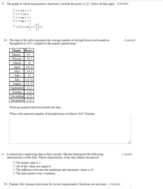 15. The graph of which trigonometric function(s) include the point (0,2)? Select all that apply. (3 points) y = cos x + 1 y =