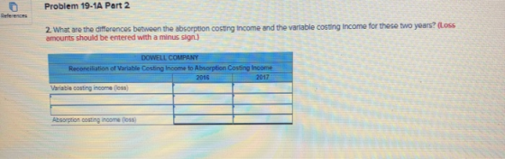 Problem 19-1A Part 2 2. What are the differences between the absorption costing Income and the variable costing Income for th