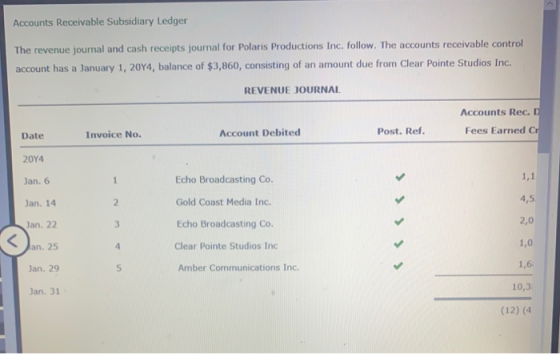 Accounts Receivable Subsidiary Ledger The revenue journal and cash receipts journal for Polaris Productions Inc. follow. The