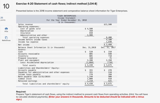 Exercise 4-20 Statement of cash flows; indirect method [LO4-8] Presented below is the 2018 income statement and comparative b