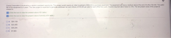 Coyne Corporation is evaluating O p portunity. This project would require an investment of $35.000 D o life of the equipment