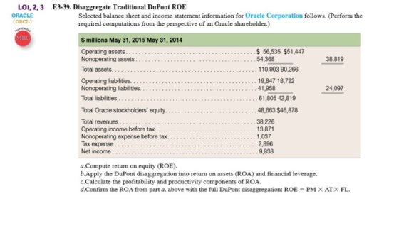 L01, 2, 3 ORACLE (ORCL) E3-39. Disaggregate Traditional DuPont ROE Selected balance sheet and income statement information fo
