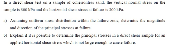 In a direct shear test on a sample of cohesionless sand, the vertical normal stress on the sample is 300 kPa and the horizont