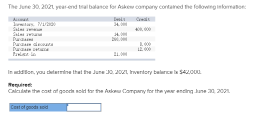 The June 30, 2021, year-end trial balance for Askew company contained the following information: Credit Debit 34, 000 400,000