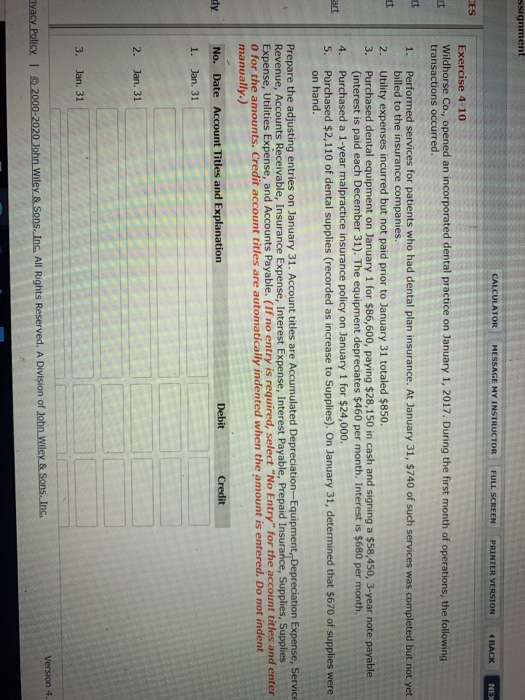 ssignment CALCULATOR MESSAGE MY INSTRUCTOR FULL SCREEN PRINTER VERSION 4 BACK NEX CES it 2. 3. Exercise 4-10 Wildhorse Co., o