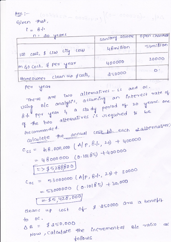 Given that 8小 8o yean 1st cost,宾ム city cost) | 48million | e rn illion 400000 30000 ttome o Pen clean up d cocts, two alterar: ves-s and OC. There are Usina el anals aun an terest rate o 8-1, Per dean S a study period ob- 20 ,ean. one the too alteinatives is requied to oe he commen de d calculate the annual each alternaiee: れ8,000,000 (Al p 8.1., 4 t 400 D60 4 8000 ooo (D-10185) t400 000 >45288800 css= coc 530000001 Alp,e+,29 + 30000 clean up Lost ok, JasDDob are a benet to oc、 Nouw , calaulate the ncremental ela ratco a ollowS
