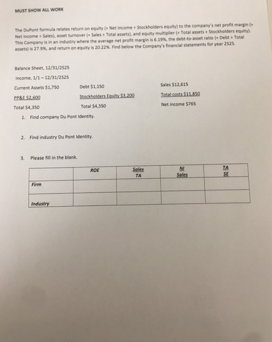 MUST SHOW ALL WORK The DuPont Formula Relates Return On Equity Net 
