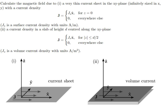Calculate the magnetic field due to (i) a very thin current sheet in the xy-plane (infinitely sized in x, y) with a current d