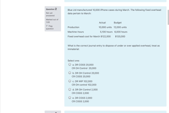 Question 2 Not yet answered Blue Ltd manufactured 10,000 iPhone cases during March. The following fixed overhead data pertain