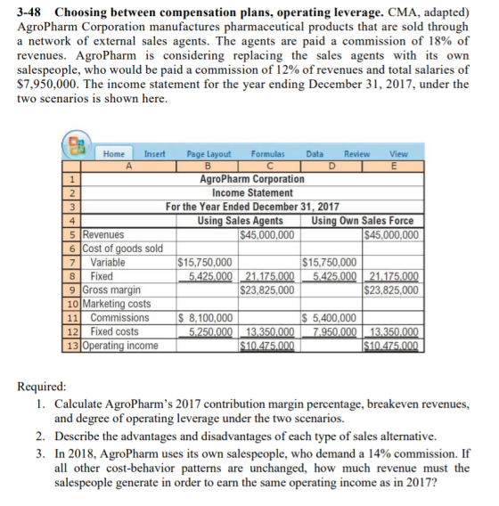 3-48 Choosing between compensation plans, operating leverage. CMA, adapted) AgroPharm Corporation manufactures pharmaceutical