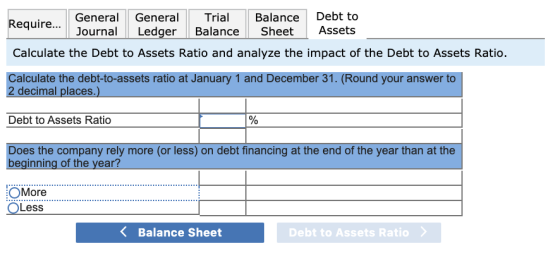 Require... General General Journal | Ledger Trial Balance Balance Sheet Debt to Assets Calculate the Debt to Assets Ratio and