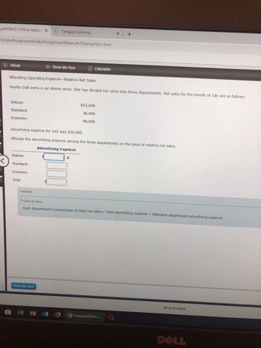 W2 Online teachinx : Cengage learning Assignment/take Assignment Main.doinprogress true eBook Show Me How Calculator Allocati
