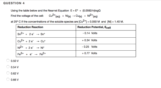QUESTION 4 Using the table below and the Nearnst Equation E-E° (0.0592/n)logQ Find the voltage of the cell: Cu2+(aq) + Ni(s) ? Cu(s) + Ni2+(aq) at 25° C if the concentrations of the soluble species are [Cu2+1-0.050 M and [Ni]- 1.40 M Reduction Reaction Sn2++ 2e-? Sn Cu2+ + 2e- ?Cu Reduction Potential, Ecell 0.14 Volts 0.34 Volts 0.25 Volts +0.77 Volts Fe3+ + e-? Fe2+ 0.50 V 0.54 V 0.62 V 0.66 V
