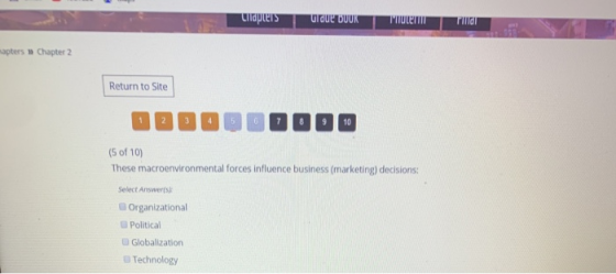Liidpers UUE BUUR Tule mapters Chapter 2 Return to Site (5 of 10) These macroenvironmental forces influence business (marketi
