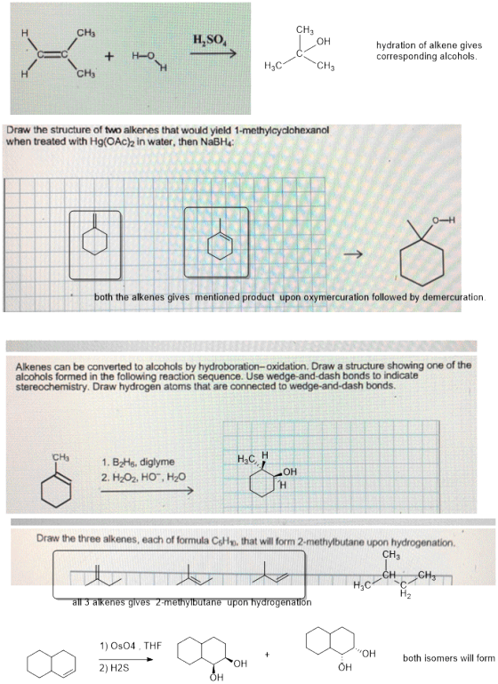 CH3 H,so он e0 CH3 Draw the structure of two alkenes that would yield 1-methylcyclohexanol when treated with Hg(OAc2 in water, then NaBH4: both the alkenes gives mentioned product upon oxymercuration followed by demercu Alkenes can be converted to alcohols by hydroboration-oxidation. Draw a structure showing one of the alcohols formed in the following reaction séquence. Use wedge-and-dash bonds to indicate stereochemistry. Draw hydrogen atoms that are connected to wedge-and-dash bonds CH3 1. B2Hs, diglyme 2. H2O2,НО, H2O он Draw the thcee alkenes, each -of formula CsHo, that will form 2-methylbutane upon hydrogenation. CH3 1) 0804, THF bodh iasners will emm OH